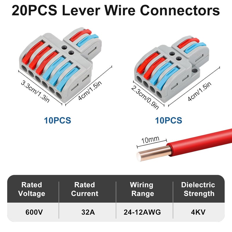 Linkstyle موصلات الأسلاك 20 قطعة مع رافعة 24-12 AWG، 2 في 6 خارج، 2 في 4 خارج موصلات سريعة للأسلاك، موصلات أسلاك كهربائية مع صمولة رافعة، كتلة طرف موصلات سلكية - Image 2